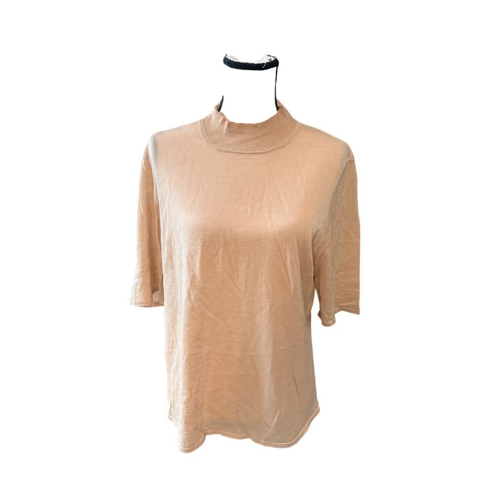 St. John Collection Women's Large Tan Wool Blend Mock Neck Top Short Sleeve